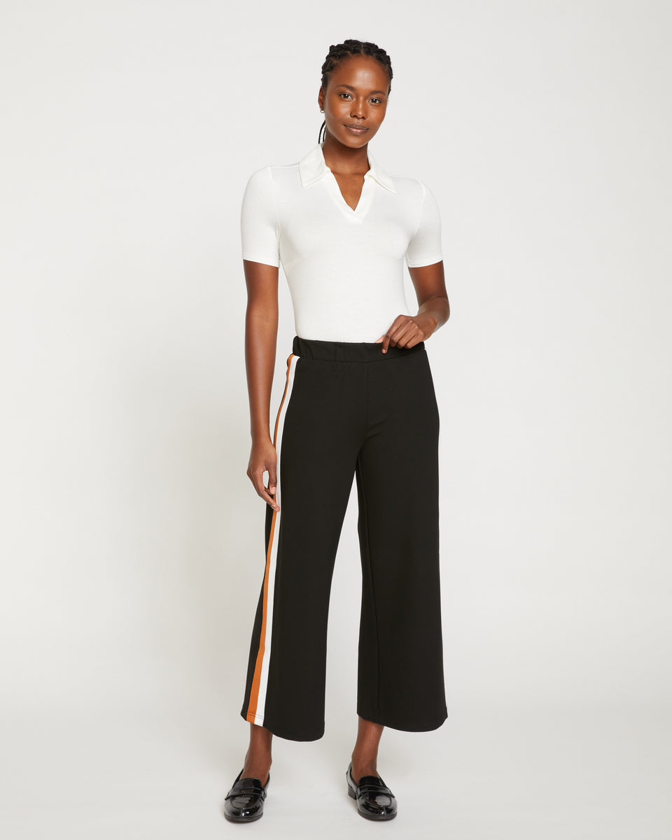 Stephanie Wide Leg Stripe Ponte Pants 33 Inch - Black with Ochre/White  Stripe
